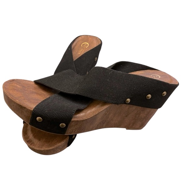Cato Platform Shoes Wedge Black and Brown Wooden Sandals Chic Size 10 - Picture 3 of 6